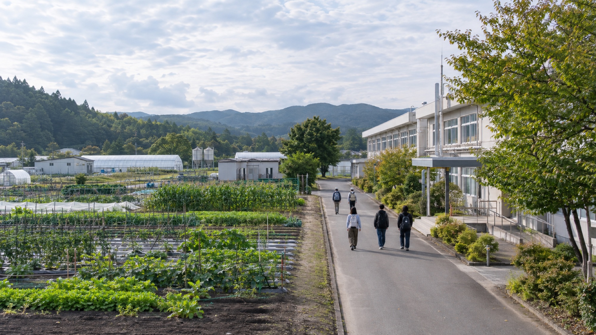 実習ほ場と低層校舎の間を学生が歩くキャンパス