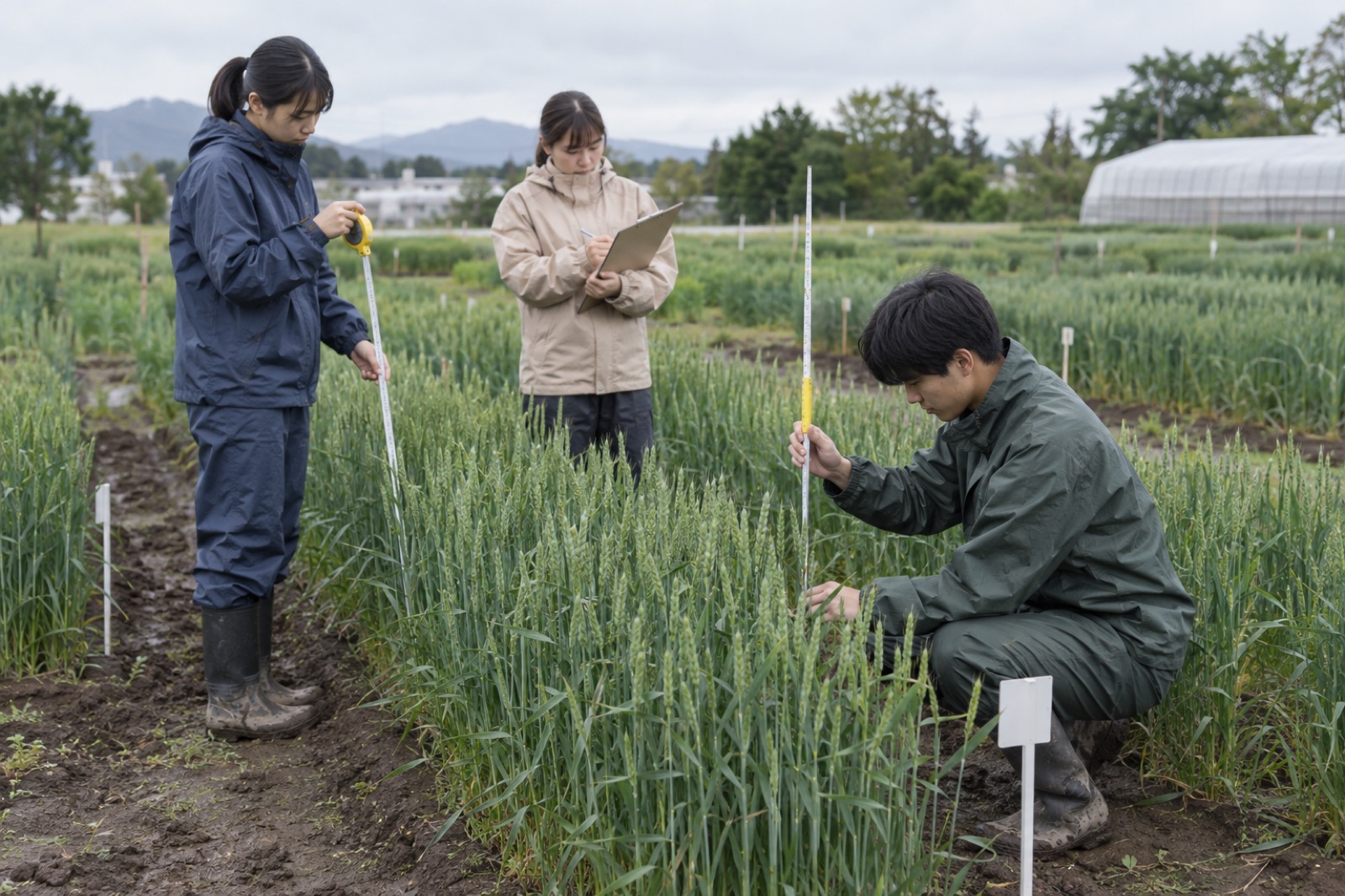 ほ場で作物の生育を記録する学生