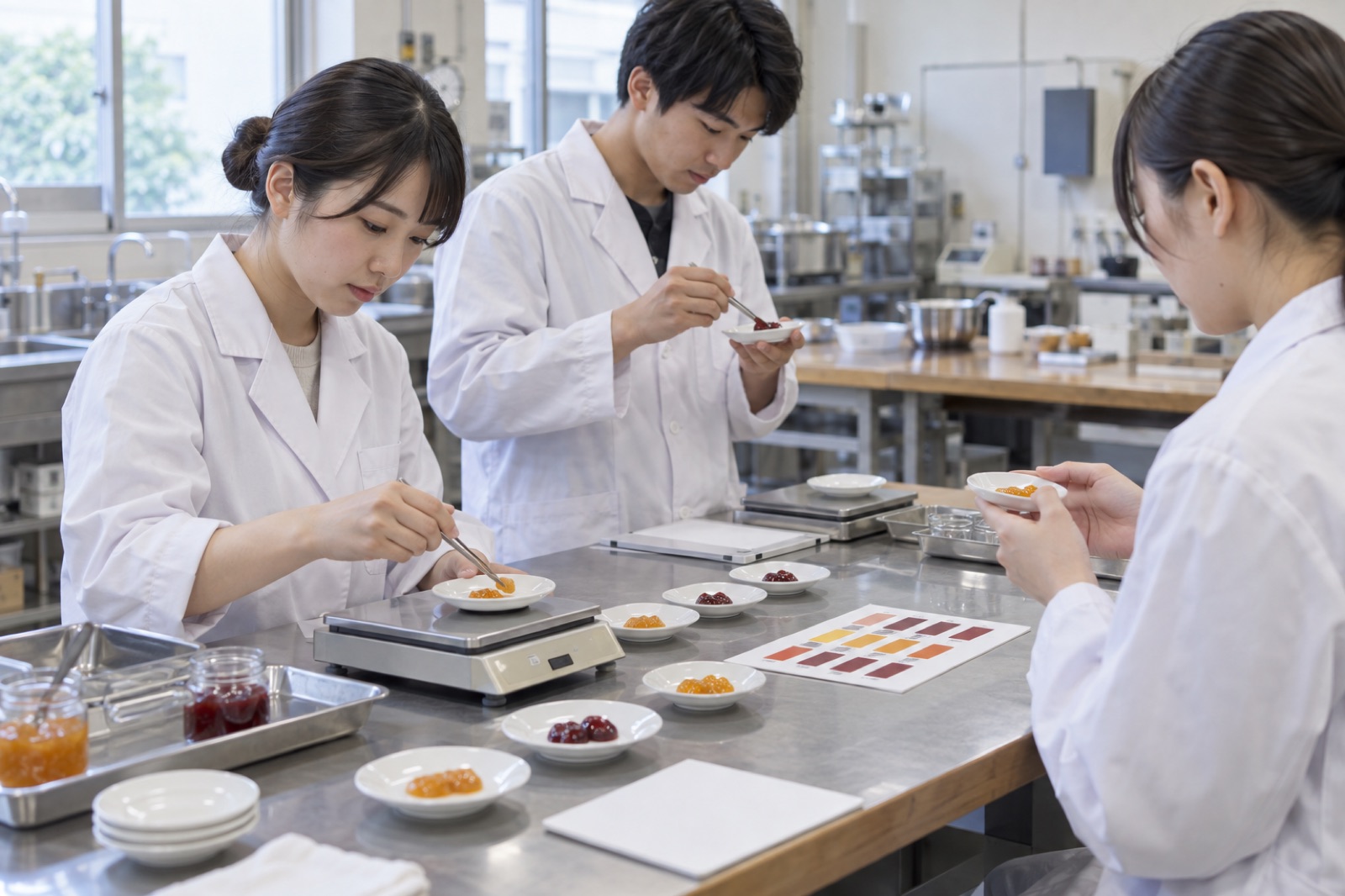 食品加工の実習で試料を確認する学生
