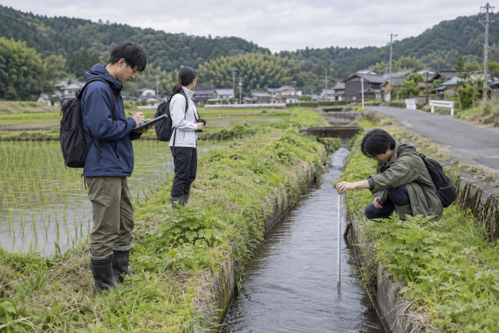 農地の周辺で調査を行う学生