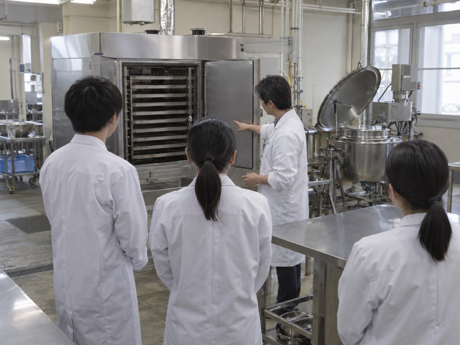 食品加工実習室で機器の説明を受ける学生