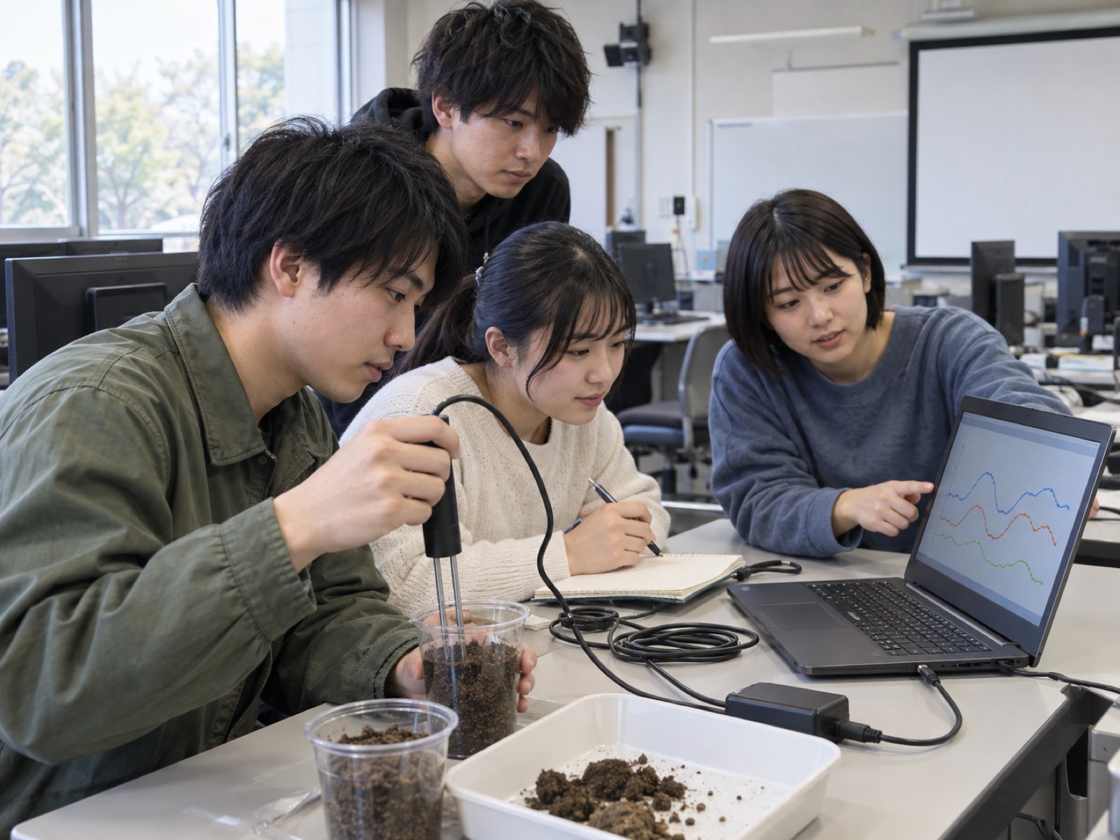 環境センサーと栽培記録のデータを確認する学生