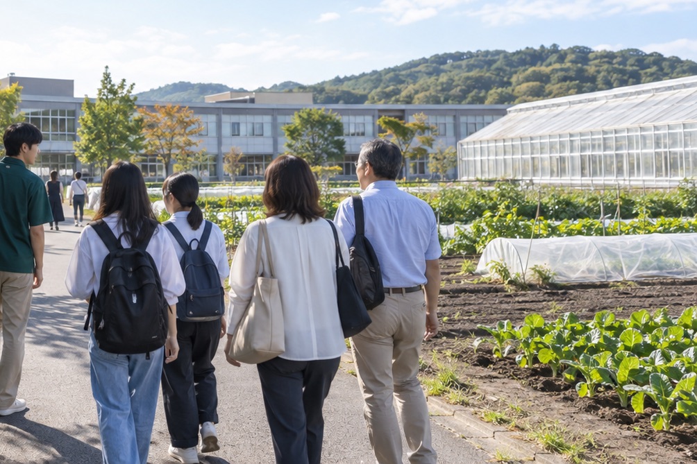 在学生の案内でキャンパスを歩く見学者