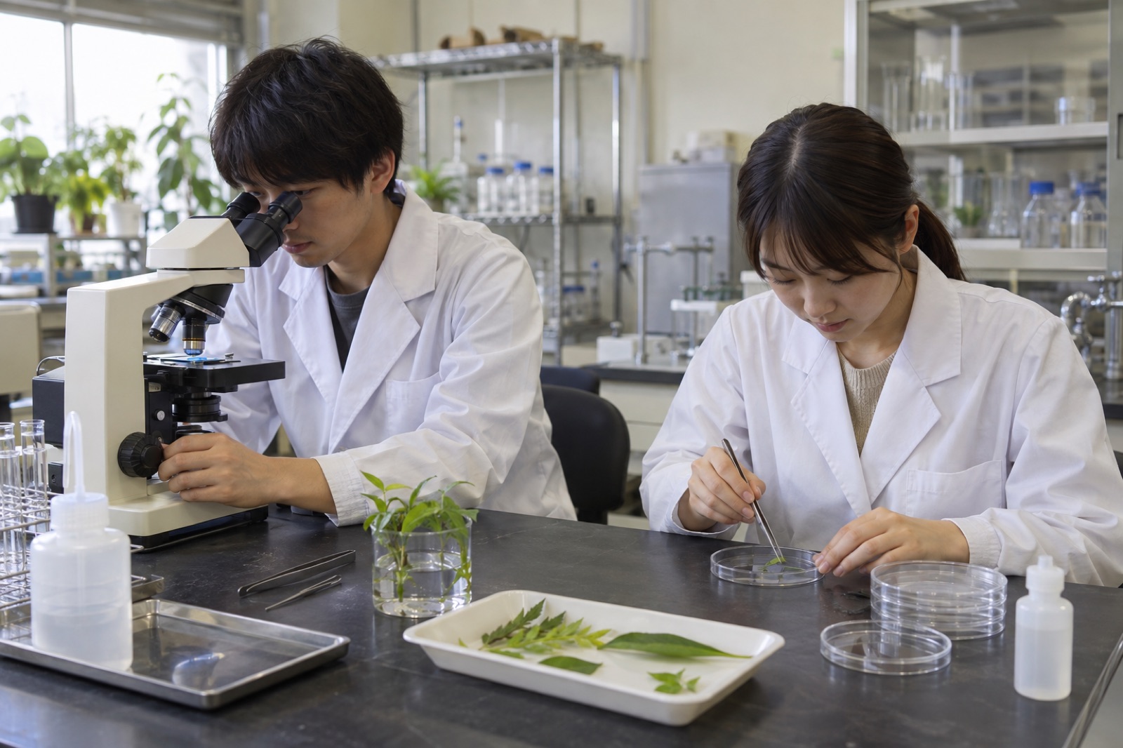 試料を観察する学生
