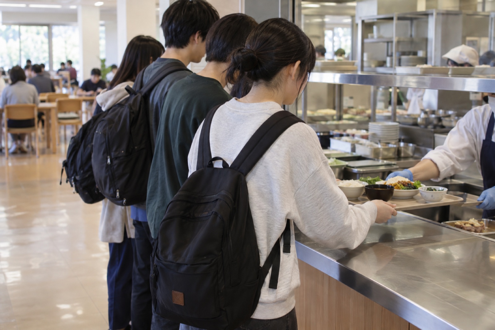 学生食堂のカウンターで昼食を受け取る学生