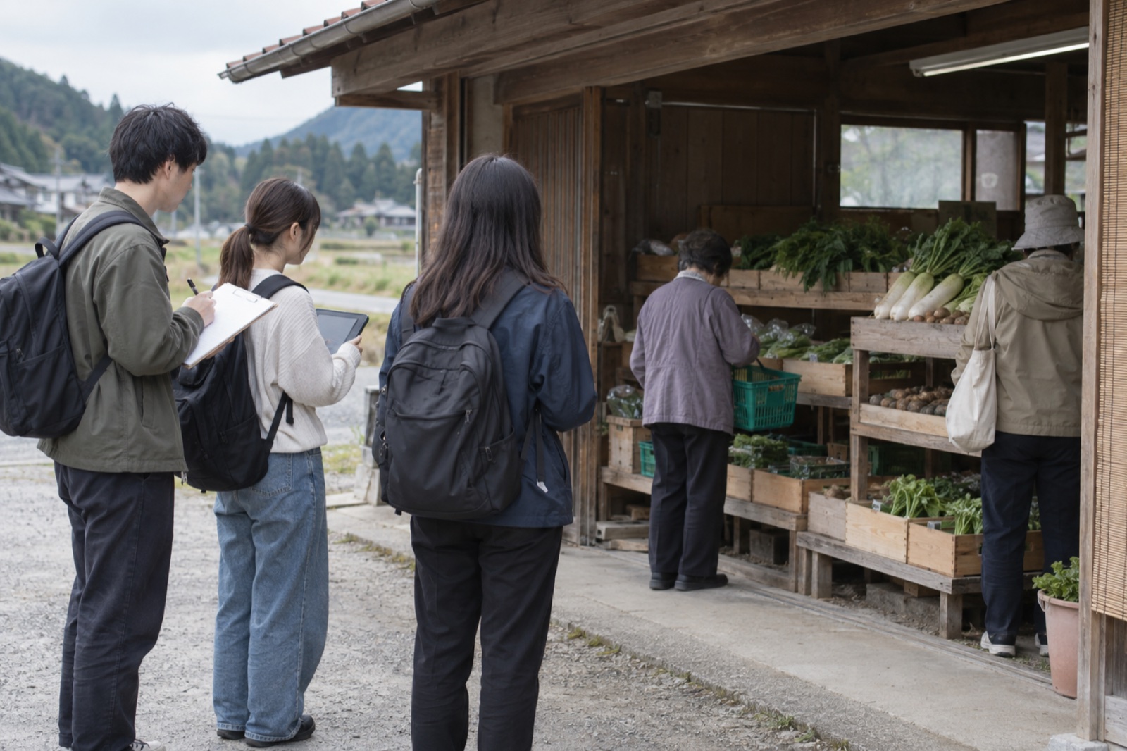 直売所で利用のようすを観察し記録する学生